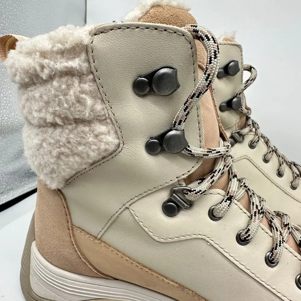 Clarks ATL Hike Top Gore-Tex Cream Leather Boots Fur Trim Collar Size 9.5